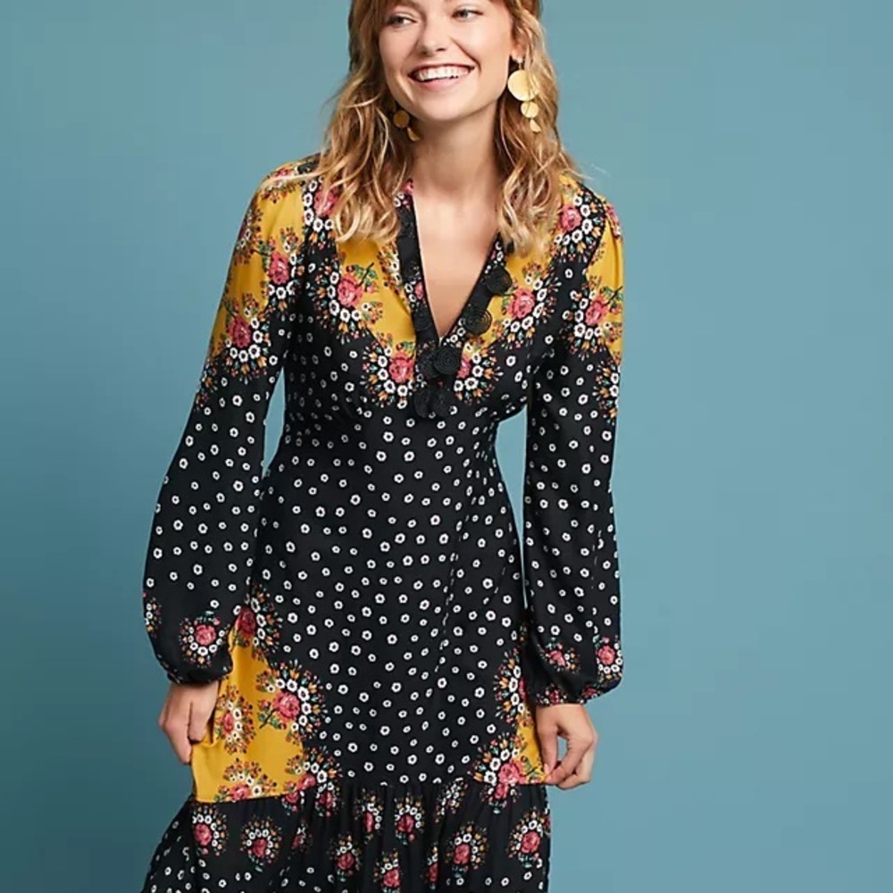 FARM RIO x ANTHROPOLOGIE Floral-Blocked Maxi Dress Size XS Boho Ditzy Floral